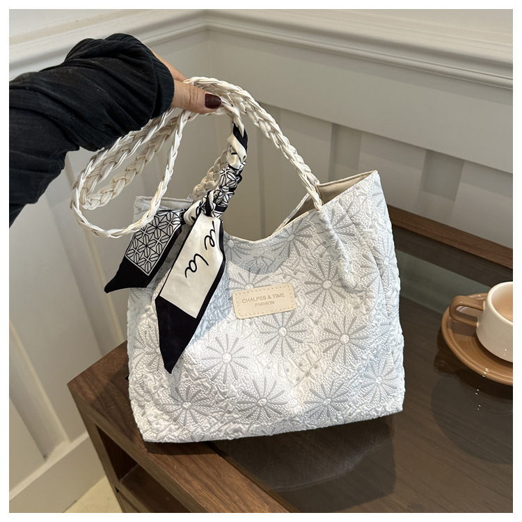 Embroidered Big Bag Women's 2024 Spring and Summer New Mori Style Fresh Tote Bag Canvas Embroidered Ribbon Shoulder Bag
