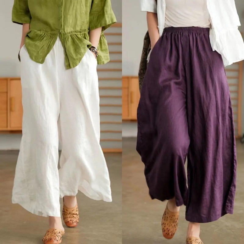 2025 Summer Cotton and Linen Nine-Point Wide Leg Pants Casual Straight-Leg Pants Literary Large Size Loose Breathable Slim Casual Pants