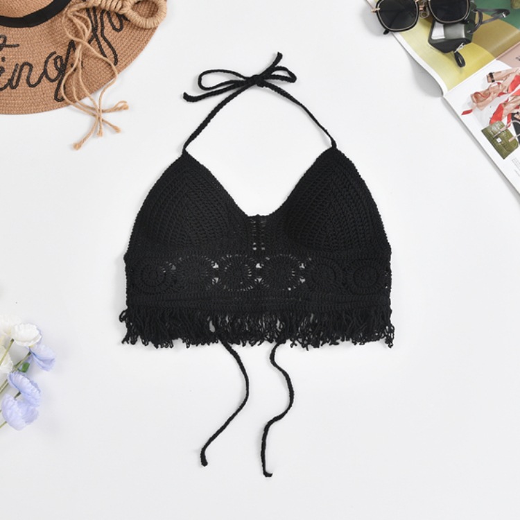 Small Vest Camisole Hanging Neck with Shoulder Strap Shoulder Pad Open Back Hollow Strapless Embroidered Vest Women's Summer Short Top