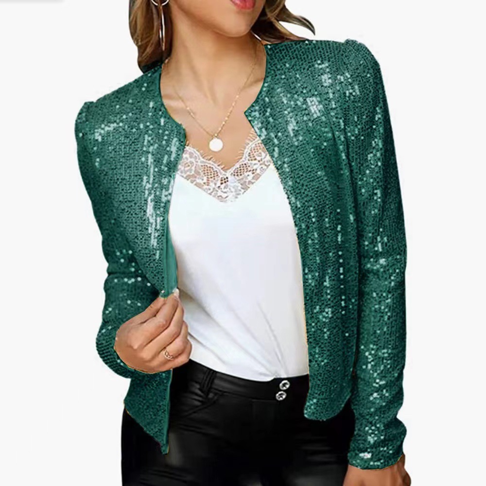 Picture of 2025 Cross-Border Women's Spring European and American Fashion Round Neck Pure Color Sequined Short Outwear Casual Versatile Small Outwear