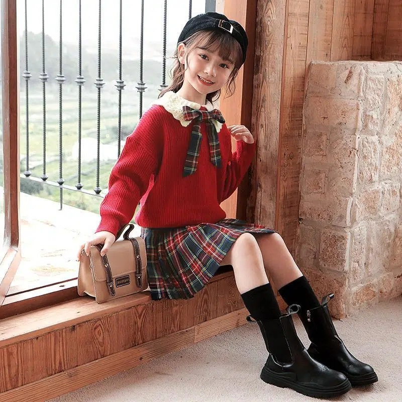 Picture of Girl's Autumn and Winter Dress Spring New Arrival Western Style Children's College Style Knitted Pullover Sweater Fashionable Pleated Skirt