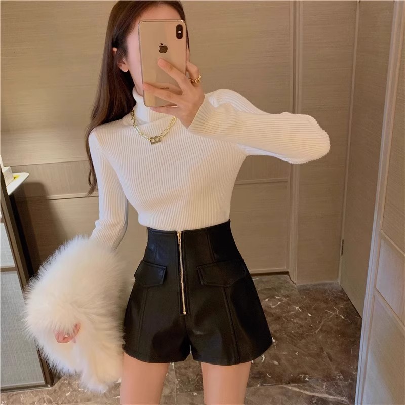 2023 Korean Style Fashion PU Leather Pants Shorts Girls Outer Wear Autumn and Winter New High Waist A- Shapes Base Boots Pants