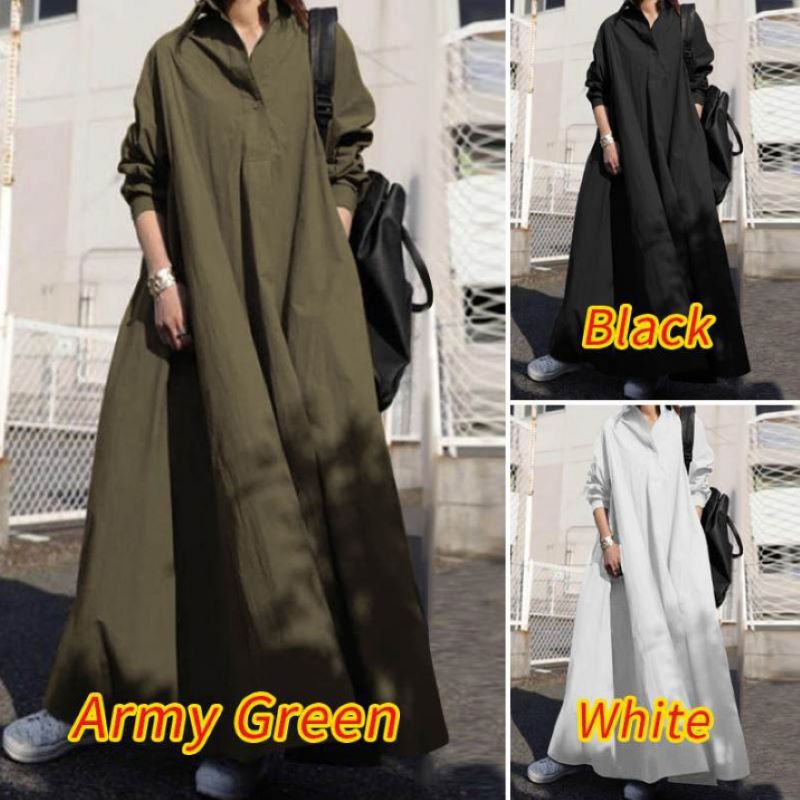 Cross-border AliExpress Amazon Autumn Pine Long-sleeved Large-sleeved Solid Color Cotton and Linen Retro Ethnic Style Wide Large Size Dress