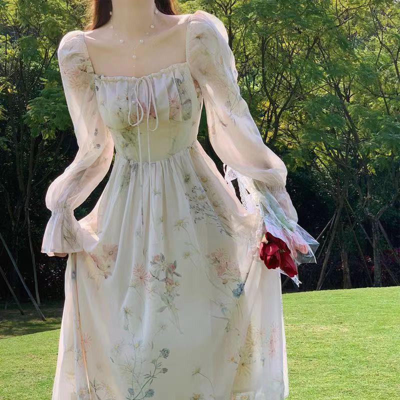 Spring and Summer New Style Beautiful Long-Sleeved Chiffon Dress Fairy Super Fairy Style Gentle Style Tea Break French First Love Skirt