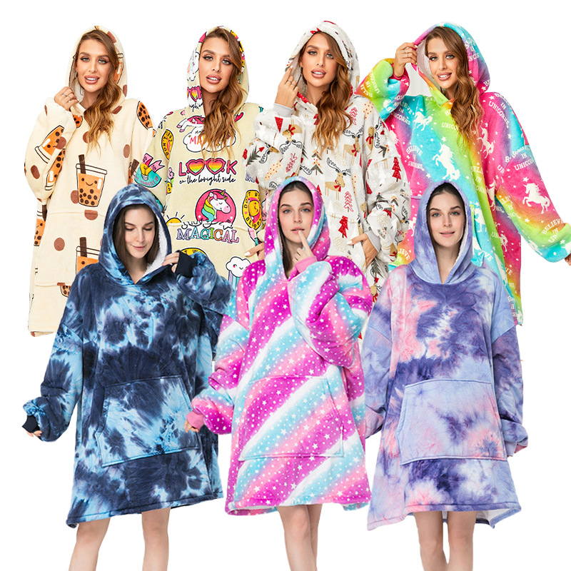 Cross-border Tie-dye Printed Lazy Clothing Pullover Sweater Hooded Lazy Sleeping Blanket Outdoor Cold-proof Clothing Wearable Blanket