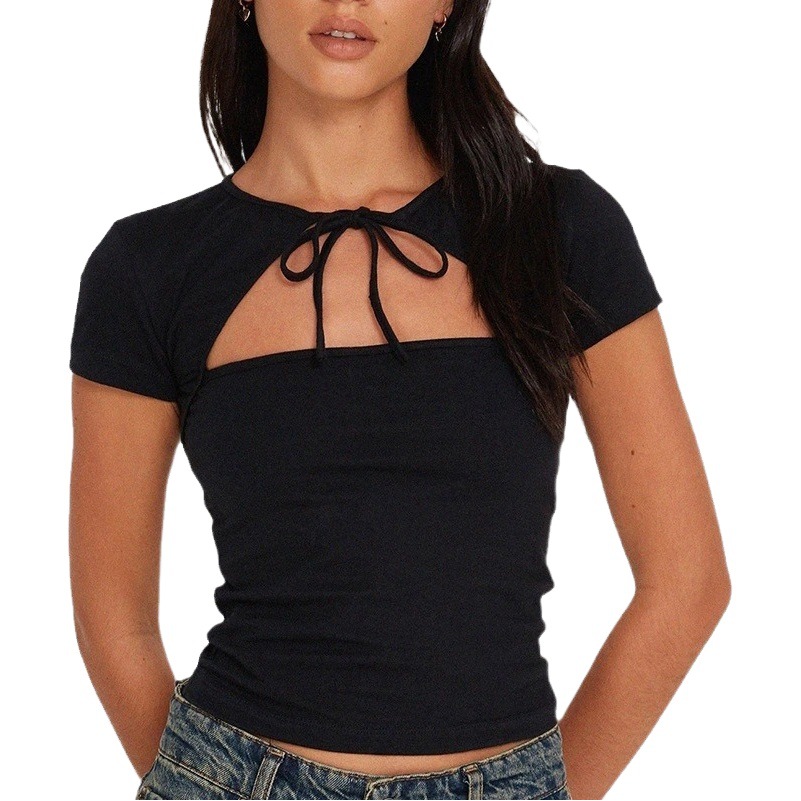 2025 New Street Fashion Short Top Women's Pure Color Cut Out Strap T-Shirt Cross-Border E-Commerce Women's Wish