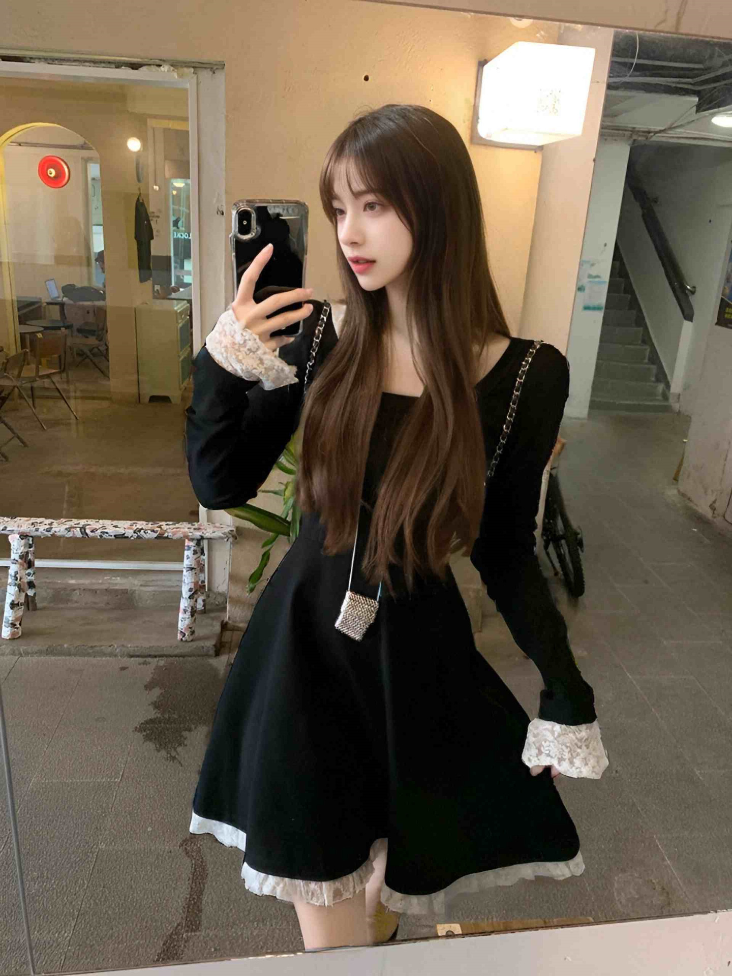 Lace Stitching Contrast Color Hooded Long-sleeved dress Women's 2024 Autumn New French Niche Waisted Slimming Skirt