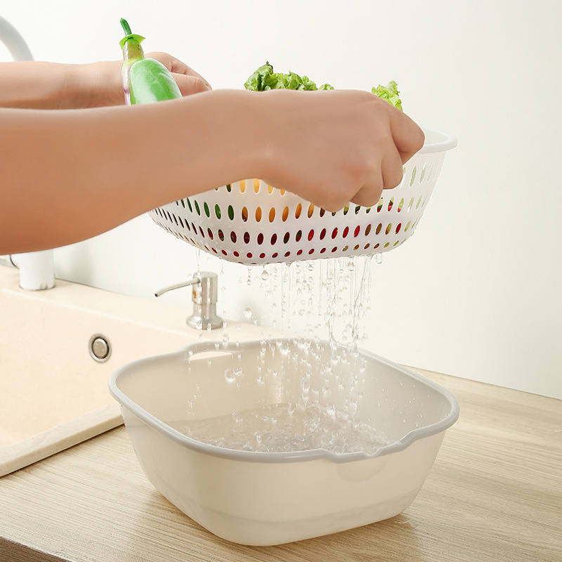 Picture of Double-layer Draining Basket Vegetable Washing Basin Fruit Plate Living Room Household Six-piece Kitchen Washing Fruit Basket Amoy Vegetable Basket