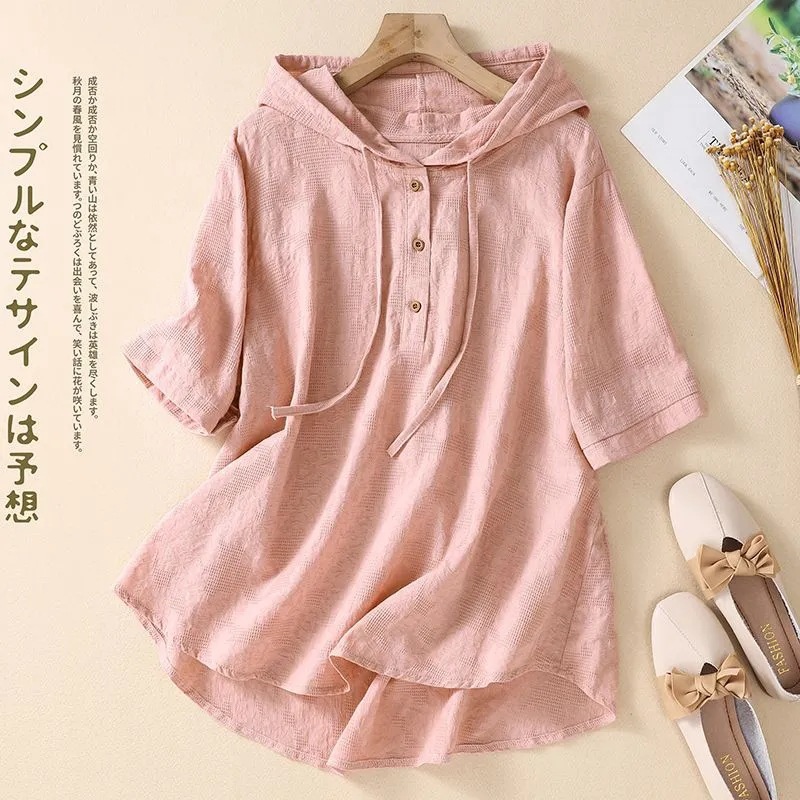 Chinese Style Literary Style Jacquard Embroidered Cotton and Linen Shirt Women's 2024 Summer Casual Loose Hooded Cardigan Top Trendy