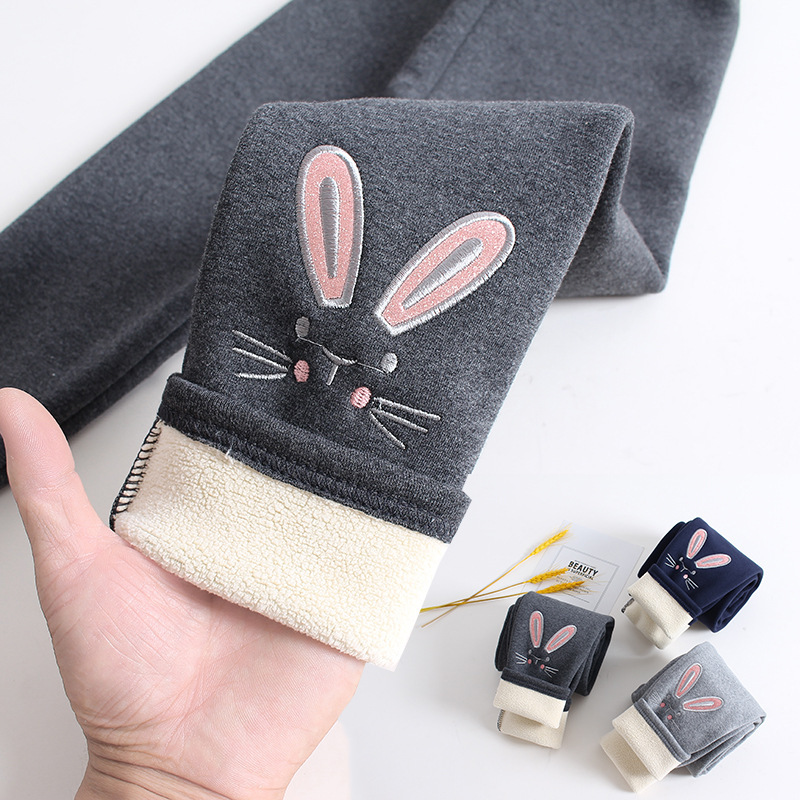 Picture of Winter Girls' Fleece-Lined Pure Cotton Children's Autumn and Winter Pants with Cartoon Bunny Embroidery, Thickened and Warm Baby Trousers