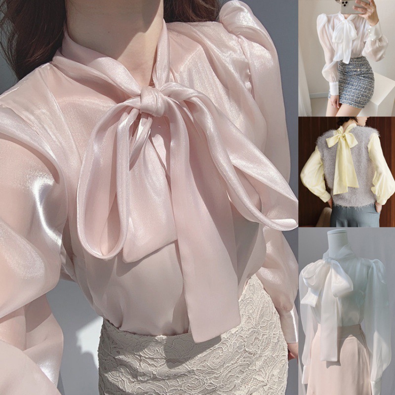 Multiplication Sparkling Bow All-match Women's Bow Stacked Women's Shirt Perspective Shirt
