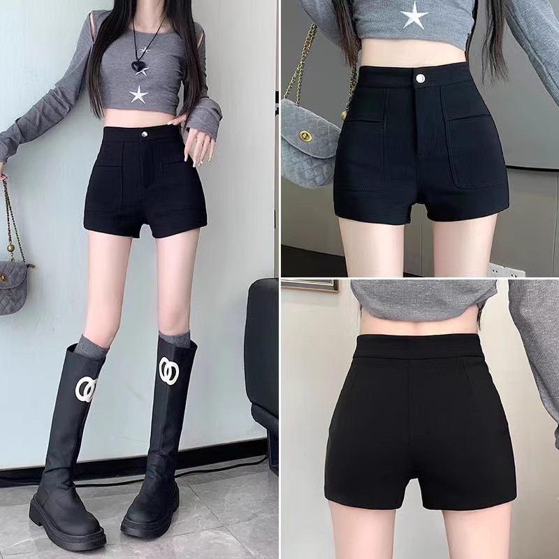 High Waist Black Shorts Women's Winter 2024 New Arrival Small Boots Pants Outer Wear Slimming Wide Leg Hot Pants Pocket Leggings