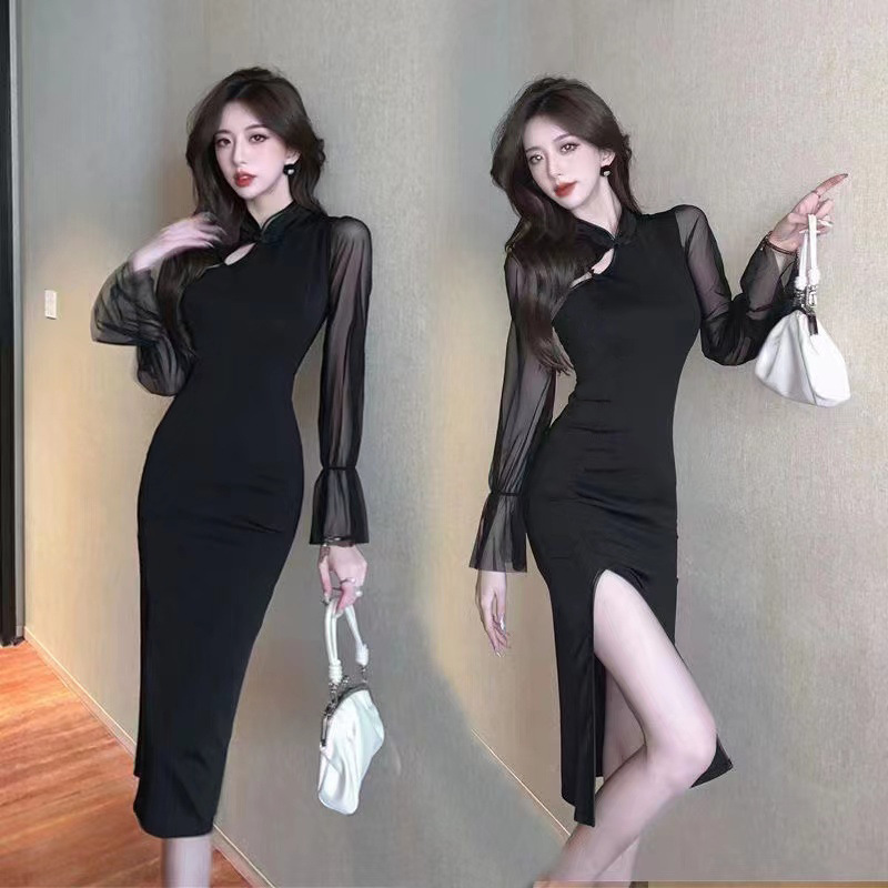 Autumn New Style National Style Elegant Daily Improved Cheongsam Design Sense Slim-fit Dress Women's Long-sleeved Waist Wrap-up Dress