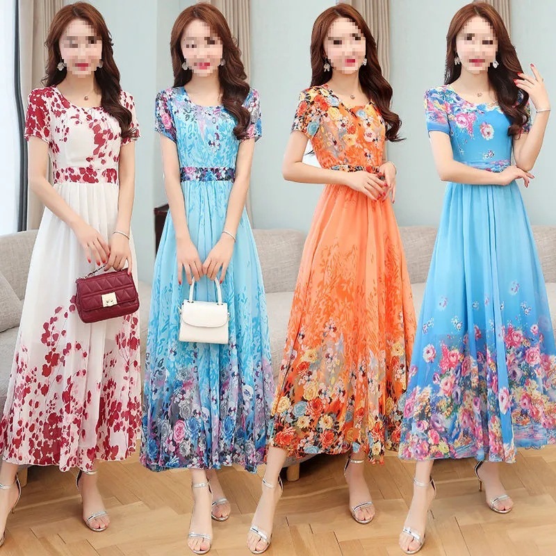 Foreign Trade Style 2025 Printed Dress, Elegant, Slimming Look and Age-Reducing, Large Hem Mid-Length Skirt, Beach Dress