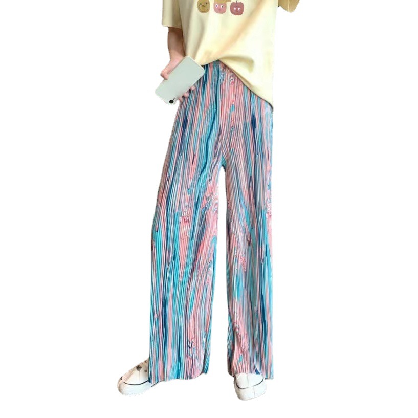 Summer new pleated organ high waist loose draping casual tie-dyed printed rainbow stripe sports wide-leg pants cross-border