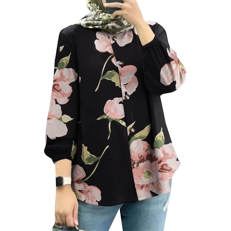 Picture of Spot Cross-Border Amazon Middle Eastern Malay New Women's Muslim Floral Shirt Fashionable Puff Sleeve Factory Batch