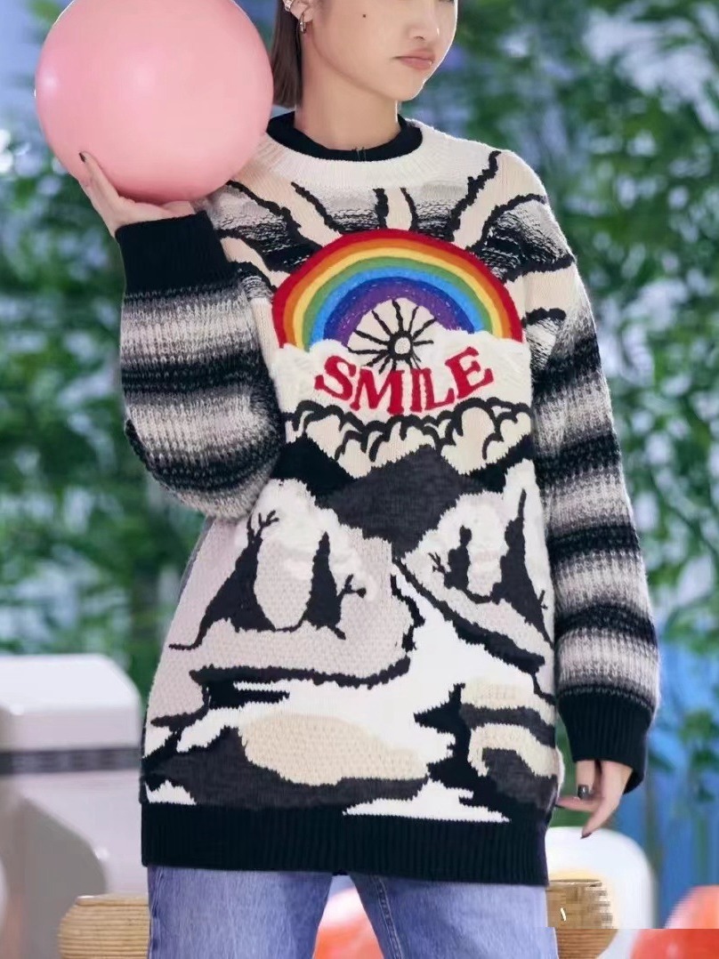 Autumn and Winter New Rainbow Embroidered Sweater Niche High-end Black Grey Pullover Sweater Early Spring Round Neck Long Sleeve Top