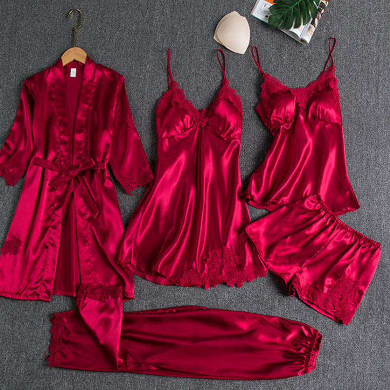 Pajamas Five-piece Set Spring and Autumn Women's Summer Sexy Ice Silk Sling Nightgown with Chest Pad Women's Outwear Nightgown Home Clothes