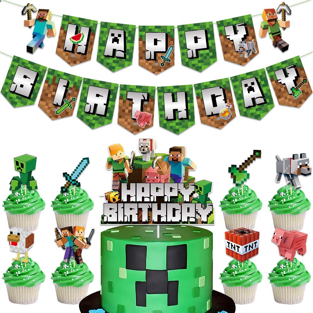 Picture of Minecraft Birthday Party Decoration Set Pixel Wars Happy Birthday Flag Cake Dessert Insert