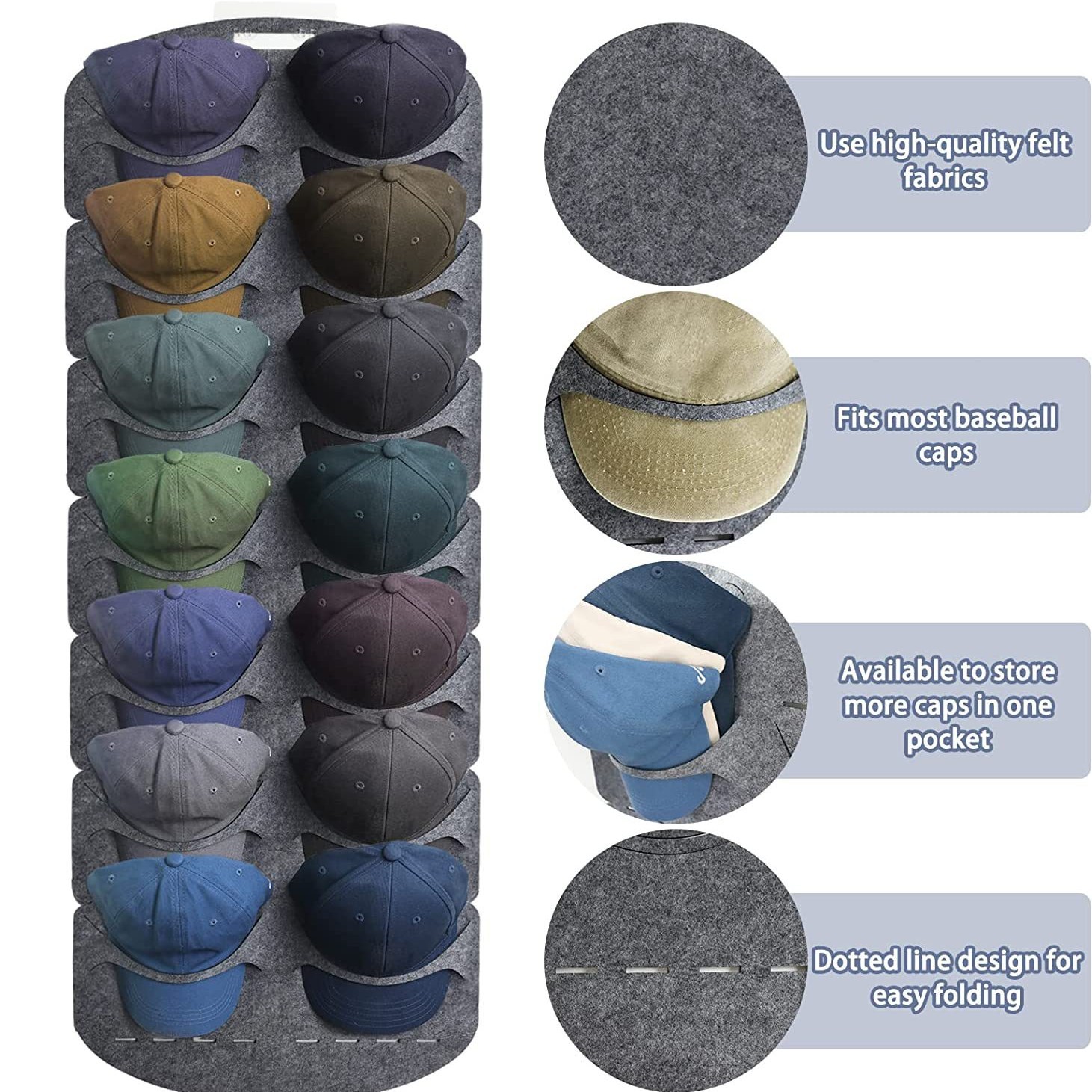 Customized Non-woven Hat Rack 16 Pocket Baseball Cap Organize Display Shelf Closet Hat Felt Storage Bag