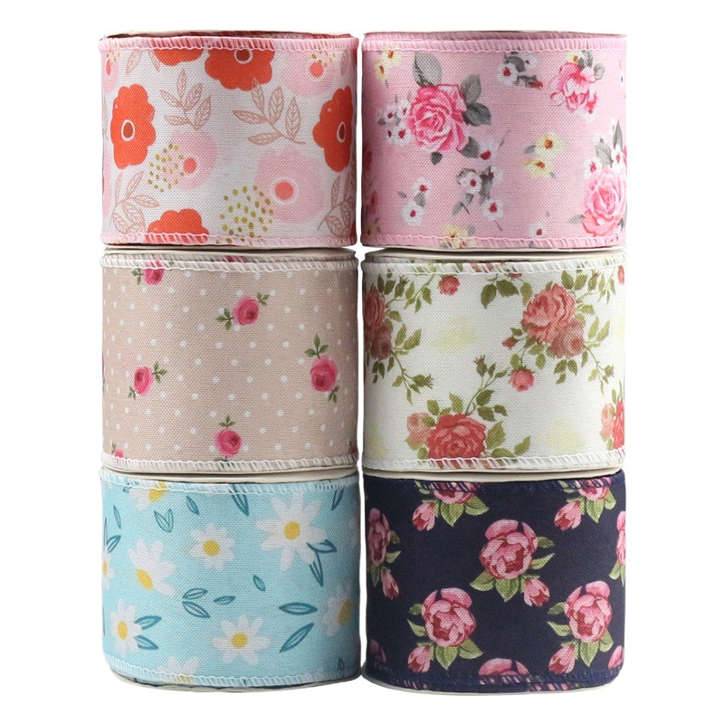 Factory Outlet 63mm Summer Flower Theme Ribbon Flower Gift Decoration Ribbon Copy Side Ribbon Imitation Hemp Ribbon