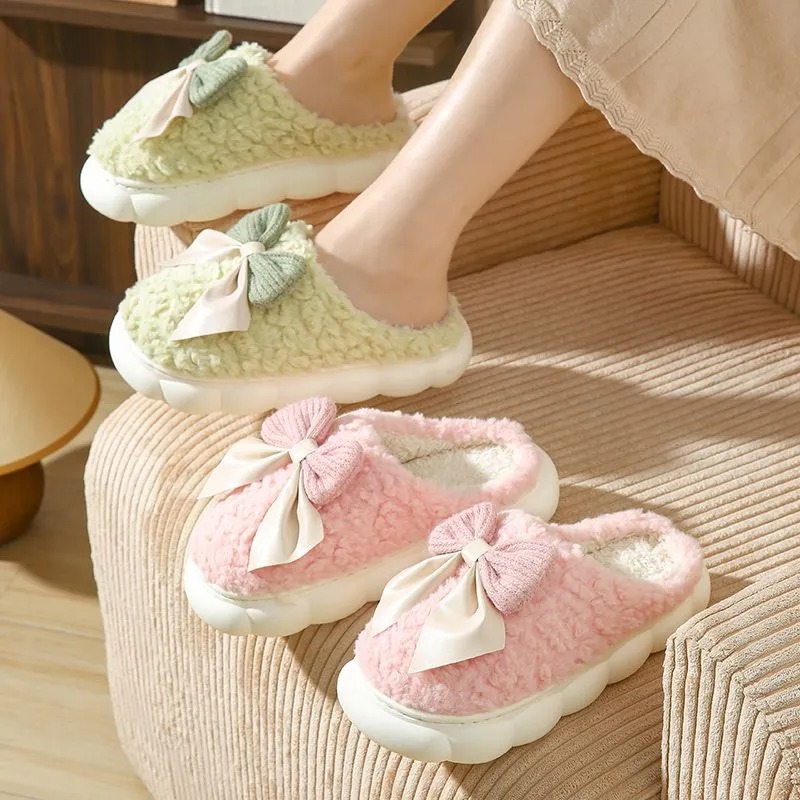 Colorful cute bow cotton slippers for women, autumn/winter couples, indoor cotton shoes, thick-soled home comfortable furry slippers