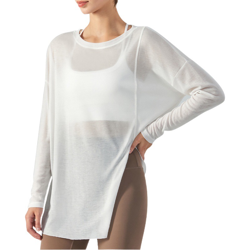 Ningbo Anjiu Single Side Slit Long-Sleeved Yoga Cover-Up Women's Autum Light Sports Top Loose Running Fitness Wear