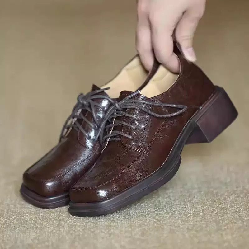 Retro British Academy Style Small Leather Shoes Women's Autumn and Winter New Shoes Square Toe Thick Heeled Lace-up Platform Single-layer Shoes for Women