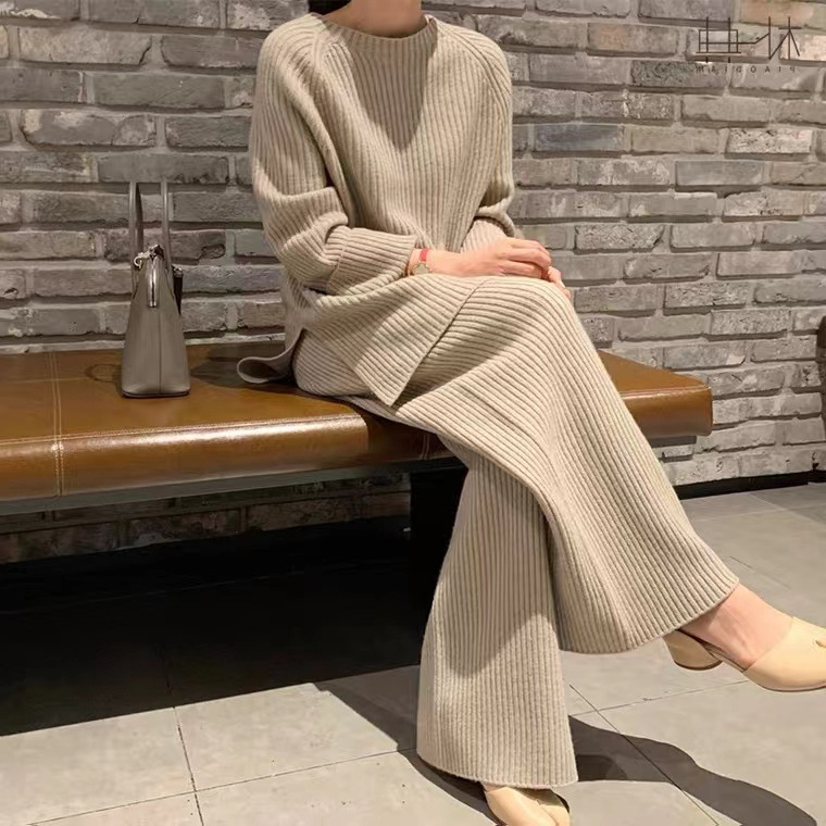 European foreign trade plus size foreign-style sweater women's wide-leg pants two-piece suit simple casual loose-fit