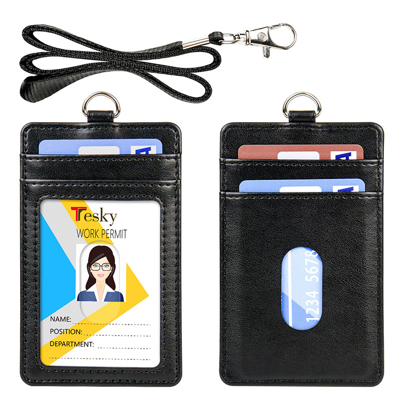 Multi-card badge factory badge PU work card cover student ID card holder with lanyard leather tag access control card cover
