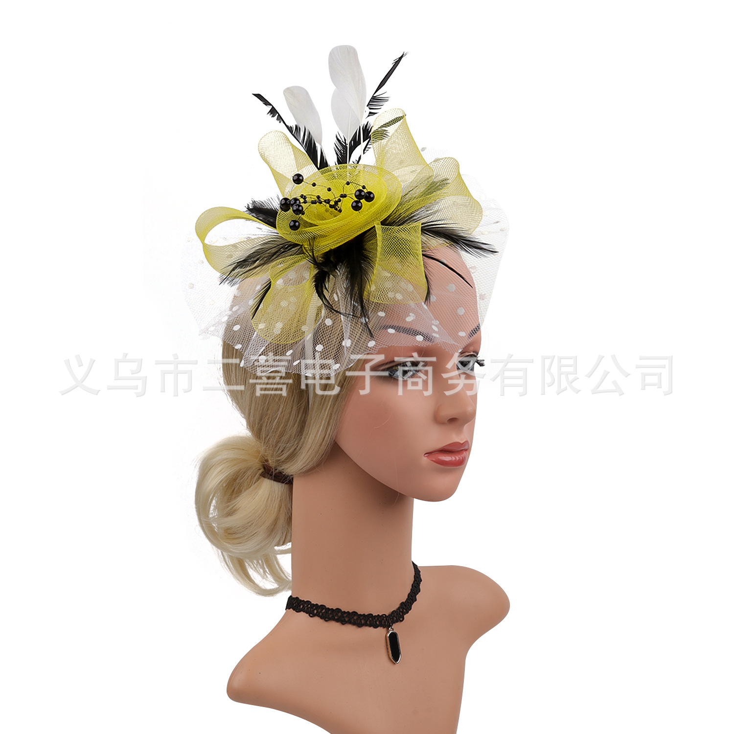 Picture of European and American Popular Amazon Feather Headdress Bridal Hair Accessories Mesh Top Hat Jockey Club Hair Accessories Hairpin Headband