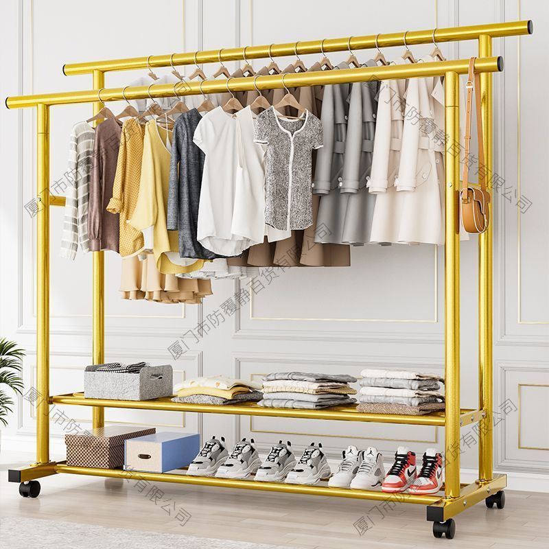 Clothes Rack, Extra Thick Floor-Standing Vertical Household Bedroom Clothes Rack, Simple Double-Row Clothes Rod with Wheels