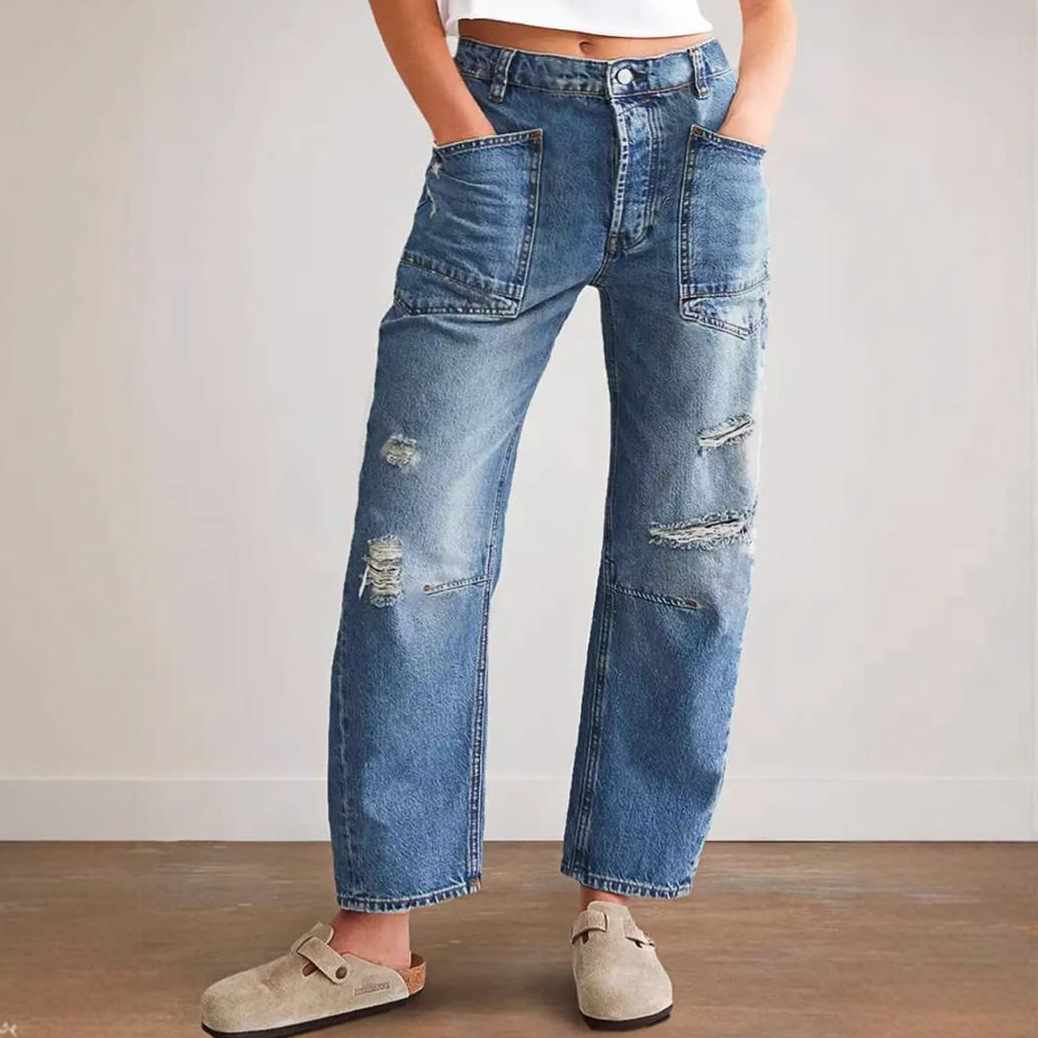 2025 Spring & Fall New Amazon Cross-Border Women's Clothing European and American Stylish Ripped Mid-Waist Wide-Leg Casual Straight Denim Long
