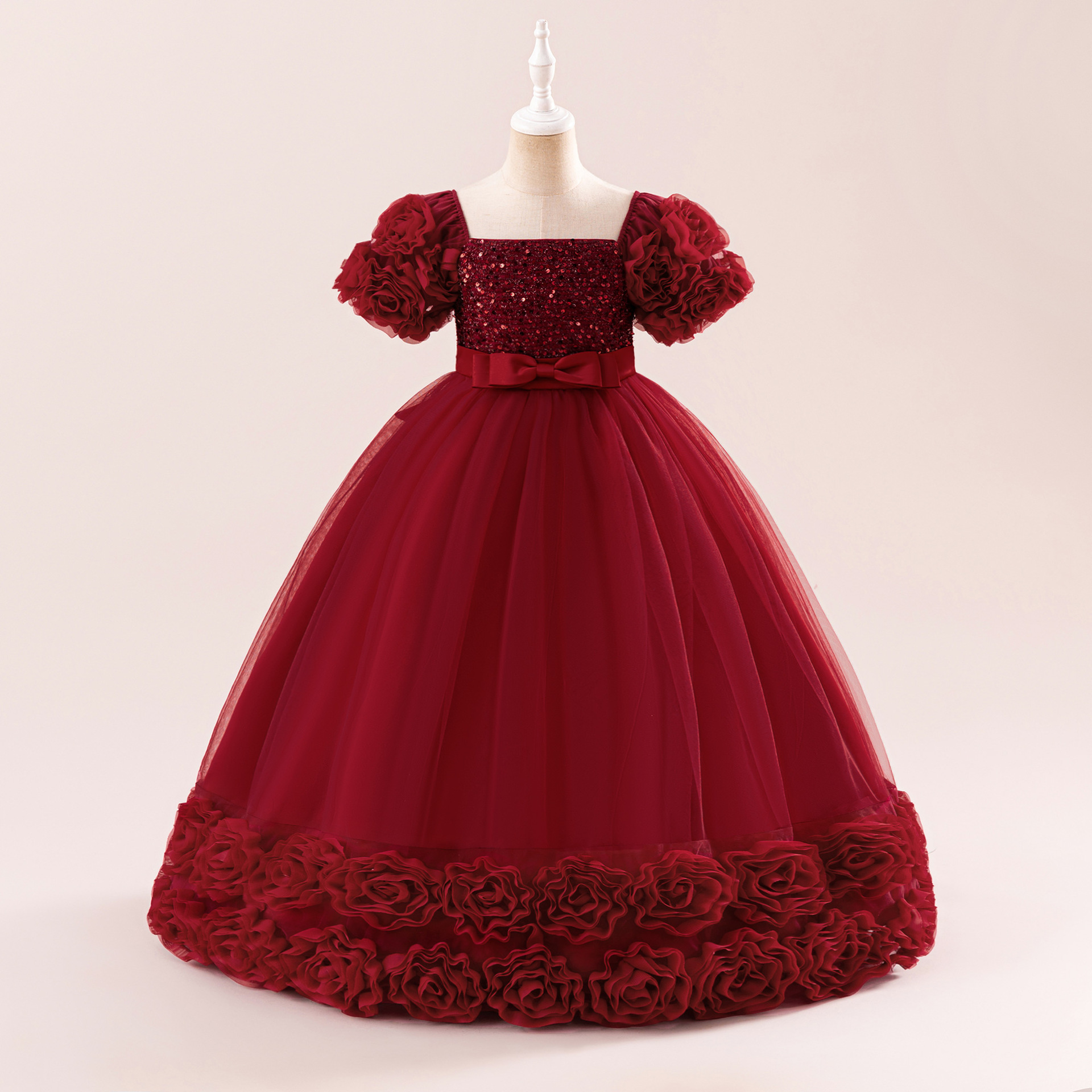 Cross-border Princess Dress Performance Children's Piano Host Dress Sequin Three-dimensional Flower Mesh Dress Bubble Sleeve Long Dress