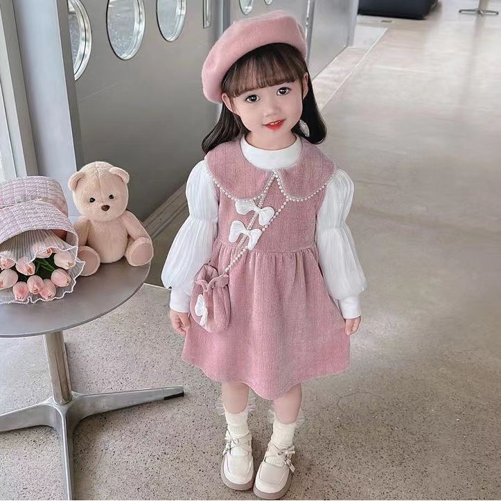 Sweet Girl Wearing Dress 2024 Fall/Winter Doll Collar Beaded Bow Vest dress Long Sleeve Top