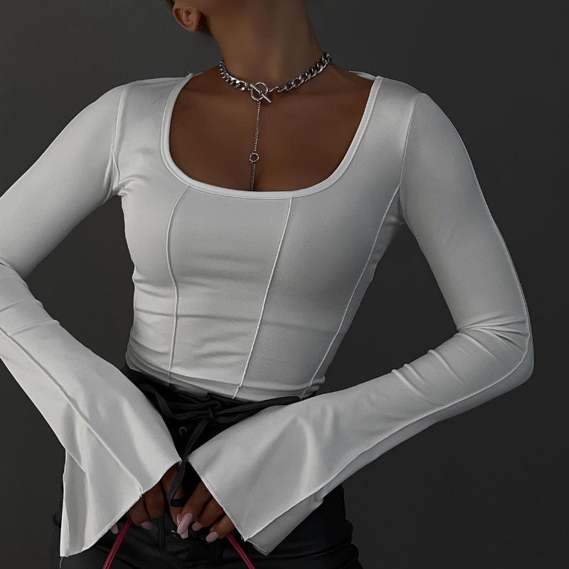 European and American Clothing Amazon 2025 New Square Collar Pullover Slim Long-Sleeved Knitted Top European and American T-Shirt for Women