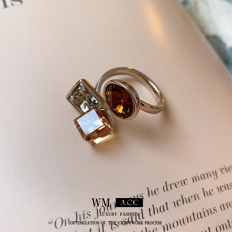 Real Gold Electroplated Zircon Square Circle Opening Ring Advanced Sense Niche Elegant Ring 2024 New Ring