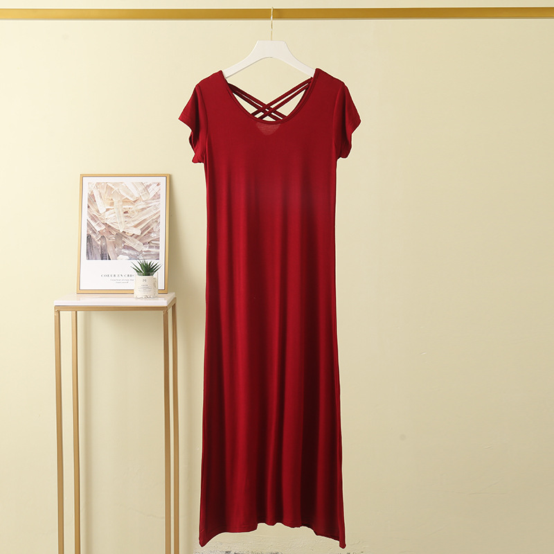 Picture of Modal Beautiful Back Cross Sexy Long Skirt Elegant Simple Short-Sleeved Dress Summer Thin Stripesd Skirt