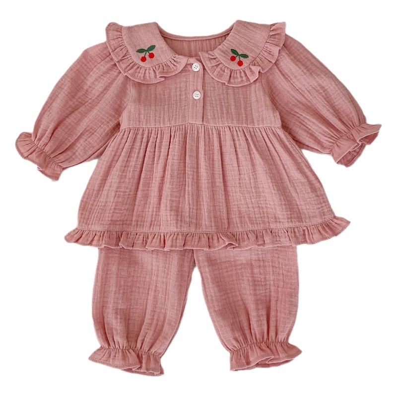 2025 Spring and Autumn New Infant Home Clothing Set for Baby Girls, Simple Cherry Long-Sleeve Top and Pants Two-Piece Set