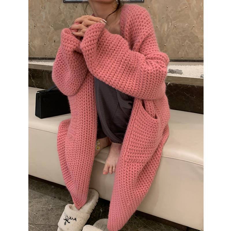 Lazy Thick Big Sweater Soft Waxy Skin-friendly Loose Long-sleeved Wool Knitted Sweater Long Cardigan Coat Women's Autumn and Winter