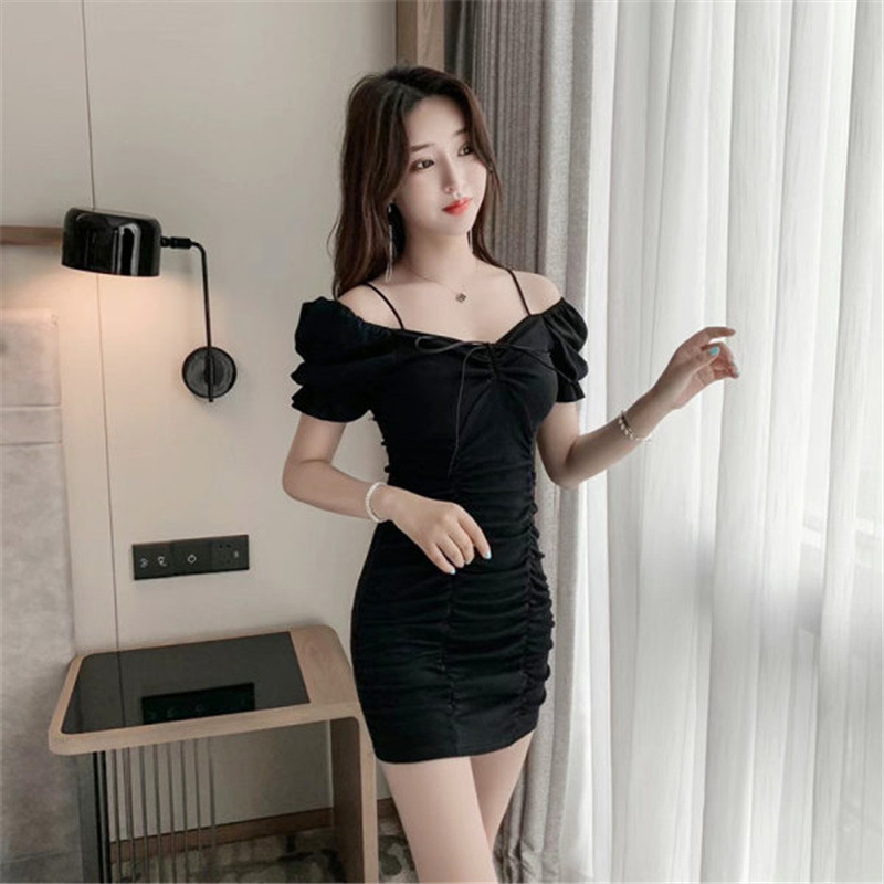 Cross-border spot nightclub women's low-cut off-shoulder hot girl dress women's summer sexy hip disco small black dress