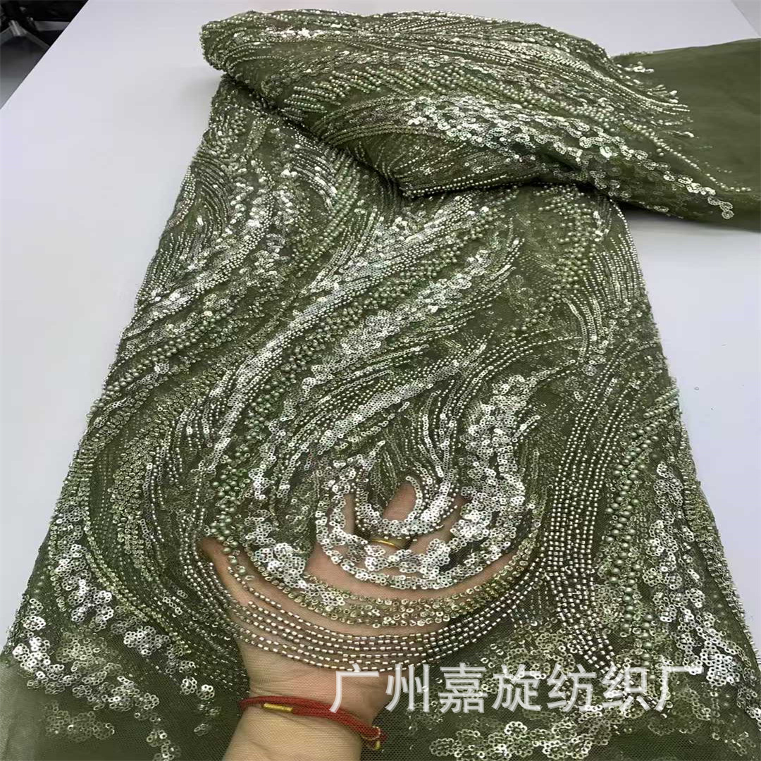 African Lace Sequins Beaded Tube Embroidered Lace Fabric Heavy Industry Positioning Flower Mesh Wedding Dress Embroidered Fabric Beaded