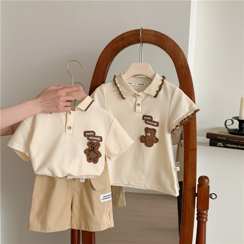 Boys and Girls Short-Sleeved Summer Suit Summer New Baby Fashionable Thin Baby Bear Brother and Sister Short-Sleeved Suit