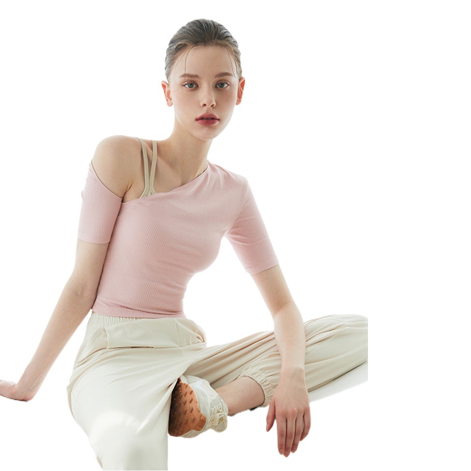 Off-Shoulder Summer Trendy Yoga Top Short-Sleeve Fitted Casual Sports Shirt Ribbed Korean Style Cropped Top