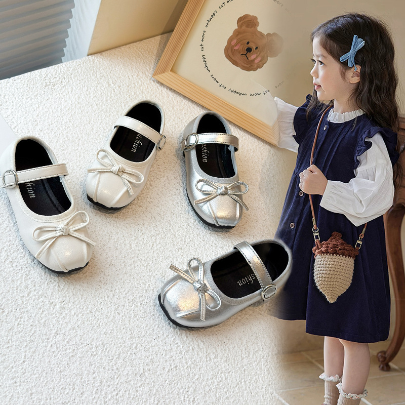 2025 Girls Bow Princess Shoes Silver Baby Girl Shoes Soft Sole Baby Toddler Shoes Children's Leather Shoes Children