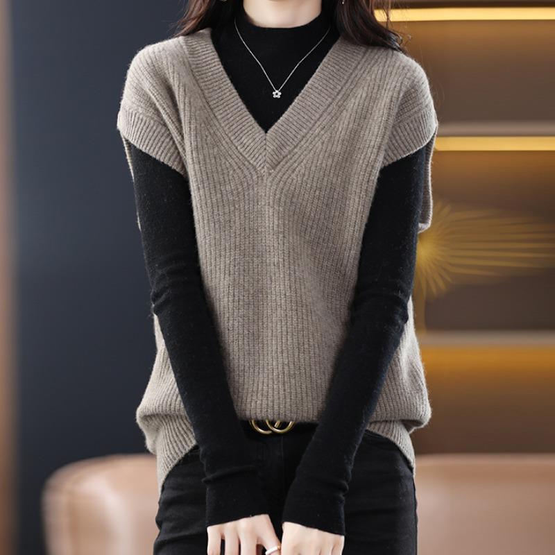Real Shot Vest Women's Autumn and Winter Outer Wear V-neck Sleeveless Pullover Sweater Knitted Vest Waistcoat Loose Lazy Style Top