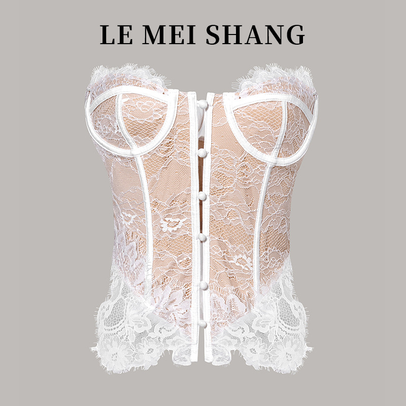 Cross-border European and American Lace Hollow Back Camisole Vest Women's Summer Low-cut Fishbone Slimming Sexy Top Strapless