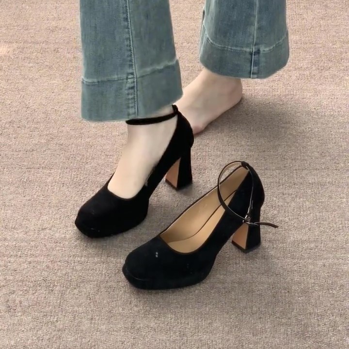 Mary Jane Shoes Women's 2024 New Autumn One-word Buckle Women's Shoes Retro Elegant All-match Dress High-heeled Shoes