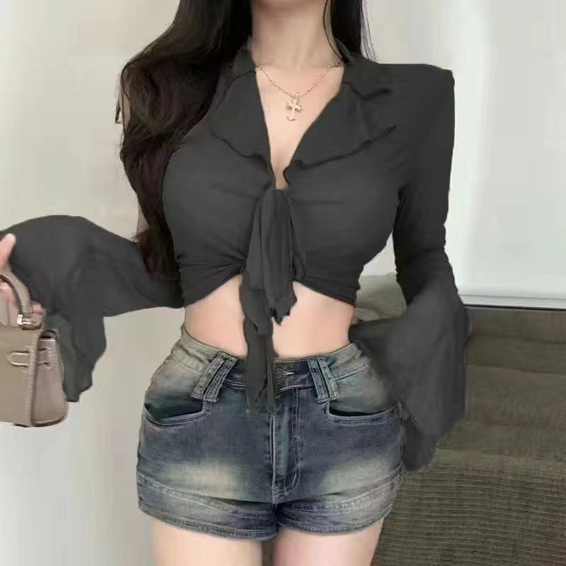 Picture of Strappy Hot Girl Slimming Top Spring and Summer Slim-Fit Ultra-Short Women's Shirt with Retro Design New Base Shirt