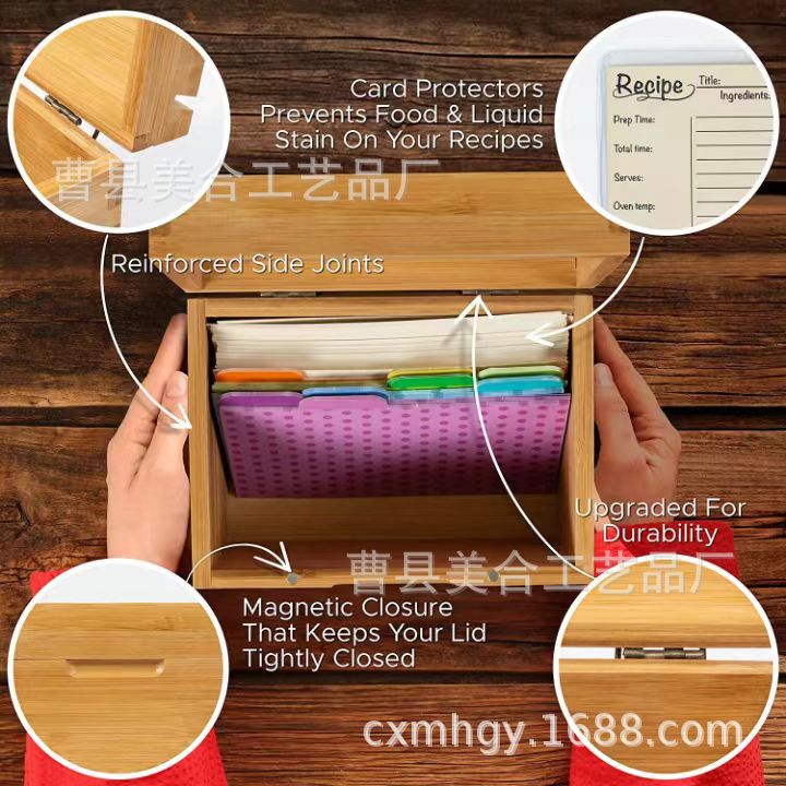 Picture of Bamboo Flip-Top Recipe Card Wooden Box Kitchen Countertop Recipe Storage Box Multi-Purpose Partition Flat Cardboard Box